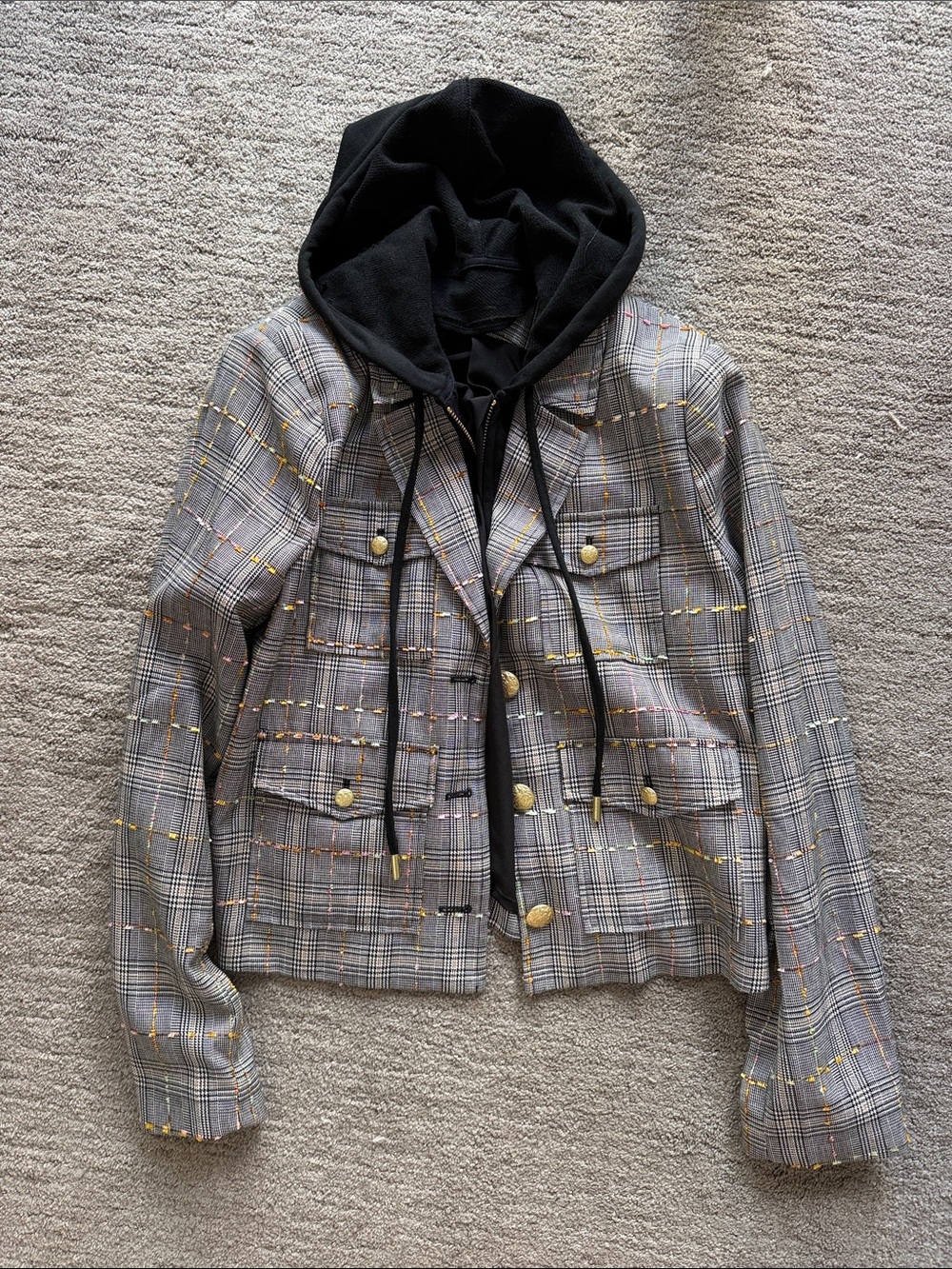 Anthropologie Gray Plaid Tweed Blazer with Black Hood and Gold Buttons